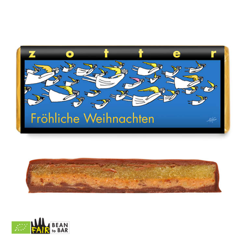 Zotter Schokolade "Fröhliche Weihnachten" Gewürzmarzipan auf Zimtnougat, 70 g