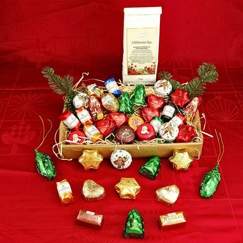 Geschenk-Idee Weihnachten: Bunter Teller mit duftenden Glühwein-Tee & edlen Winterpralinen