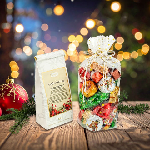 Geschenk-Idee Weihnachten: Bunter Teller mit duftenden Glühwein-Tee & edlen Winterpralinen